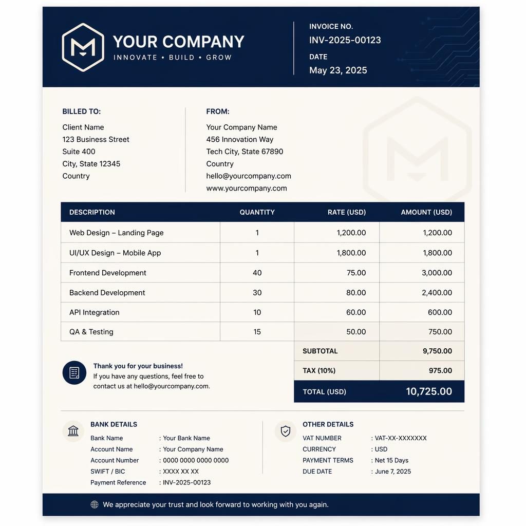 A4 portrait invoice template in navy and cream with header, itemized table, totals section, and placeholder bank details.