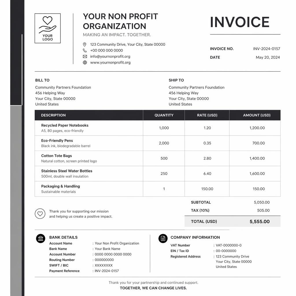 A4 portrait non profit invoice template with Swiss-style monochrome layout, accent stripe, item table, totals, and bank placeholders