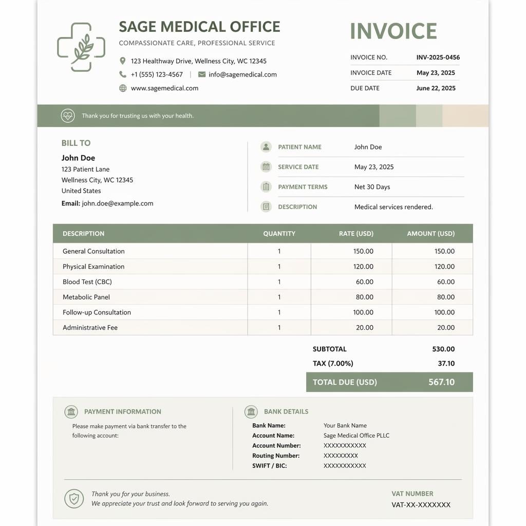 A4 portrait medical office invoice template with sage and ivory design, header, itemized table, totals, and bank detail placeholders.