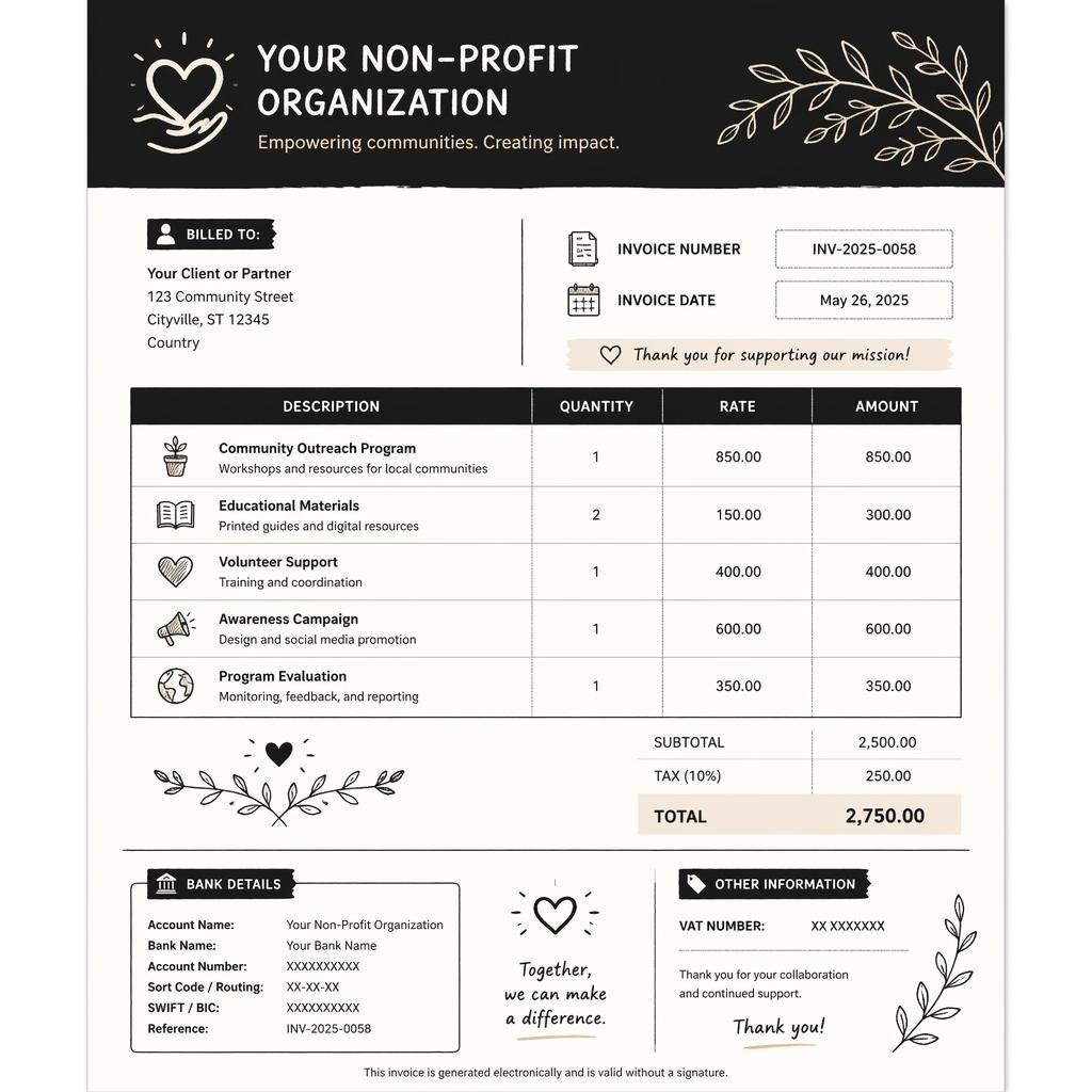 A4 portrait invoice template in black and warm white with a full header bar, itemized table, totals section, and bank placeholders.
