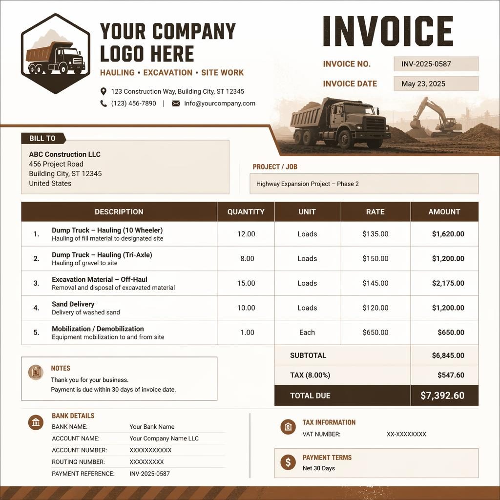 A4 portrait trucking invoice template with industrial warm earth styling, itemized table, totals, and bank detail placeholders.