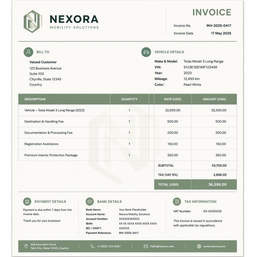 A4 portrait invoice template in sage and ivory with header, item table, totals, and placeholder bank and VAT details.