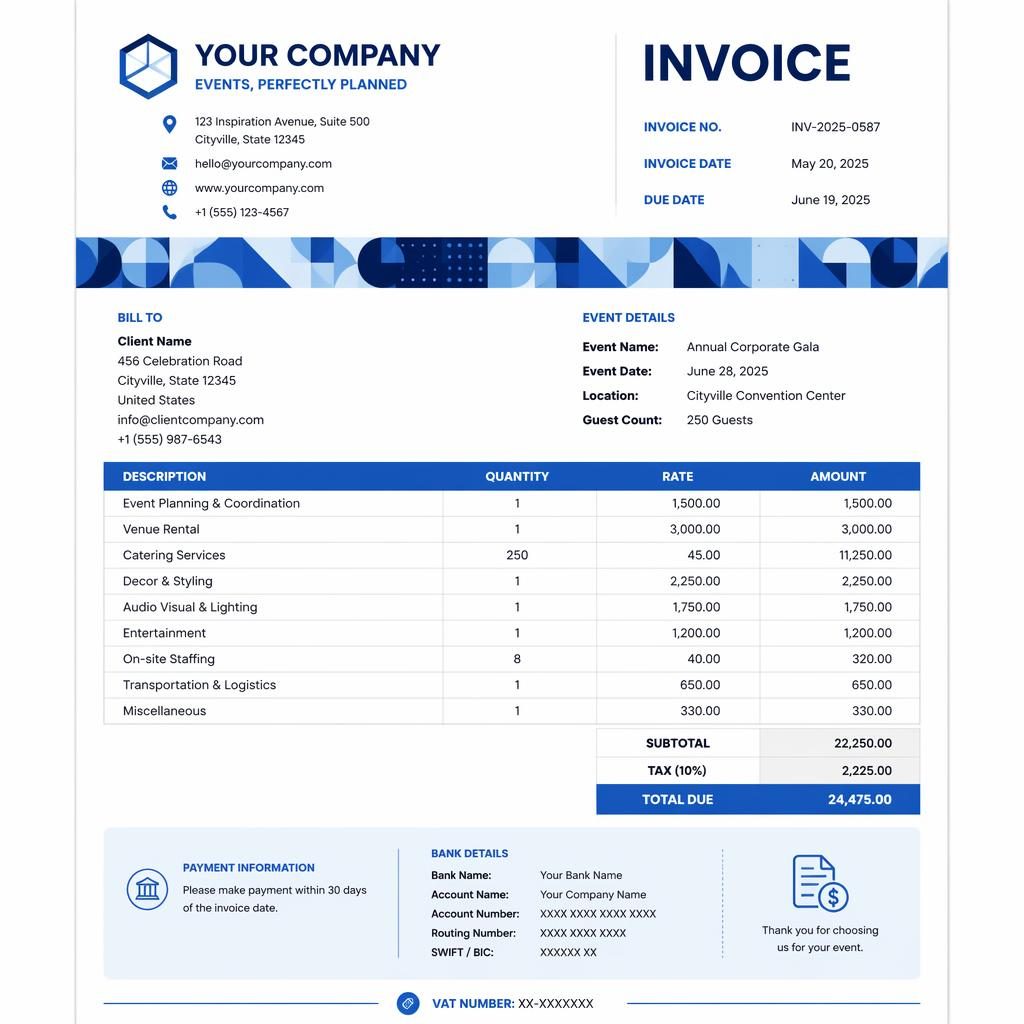 A4 portrait event planner invoice template with blue header, geometric accent band, item table, totals, and bank placeholders.