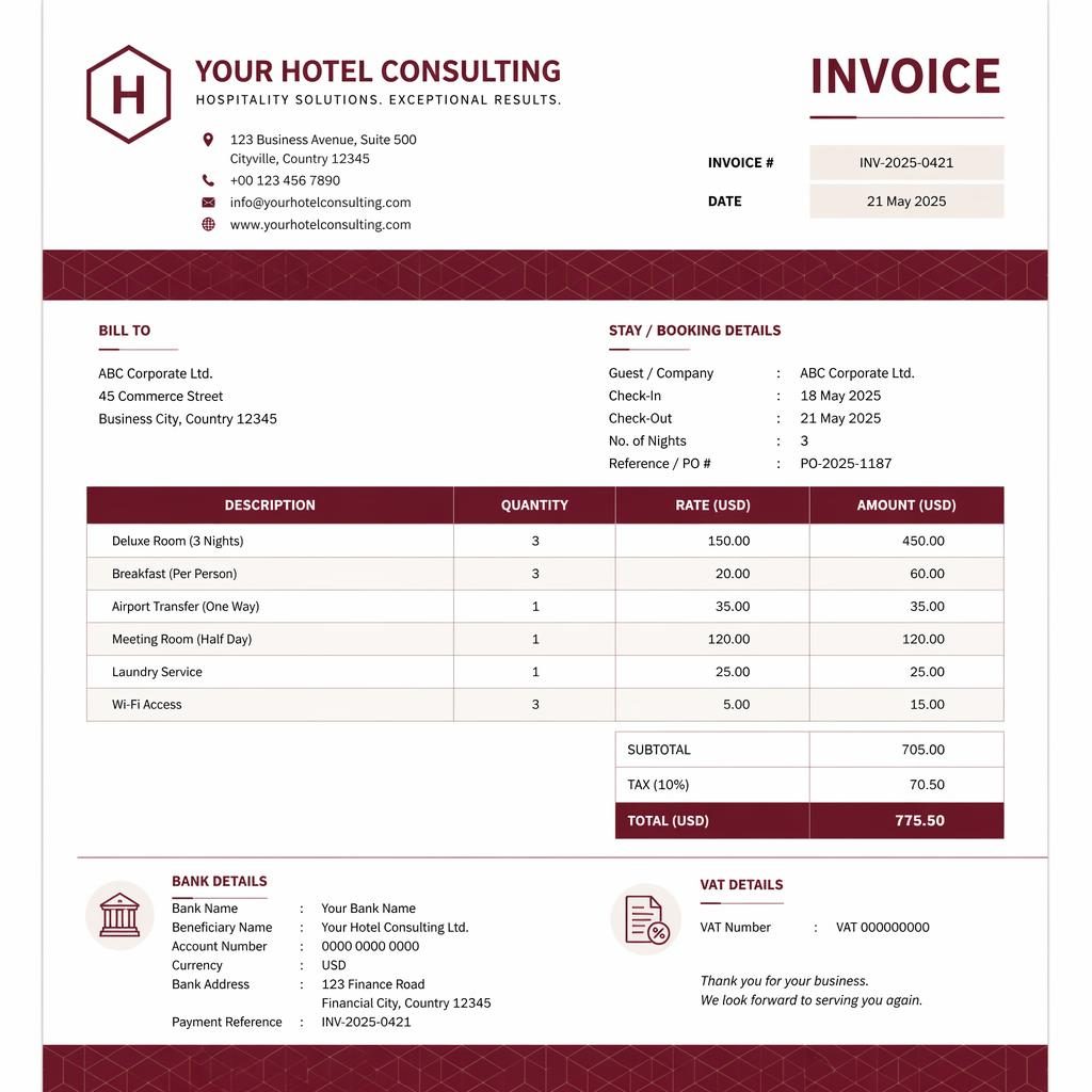 A4 portrait invoice template with burgundy header, geometric accent band, itemized table, totals, and bank details placeholders.