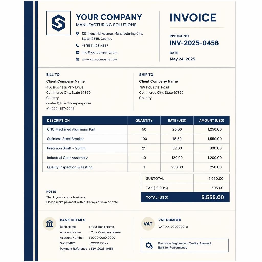 A4 portrait invoice template in navy and cream with Swiss-style grid, side stripe, item table, totals, and bank placeholders.