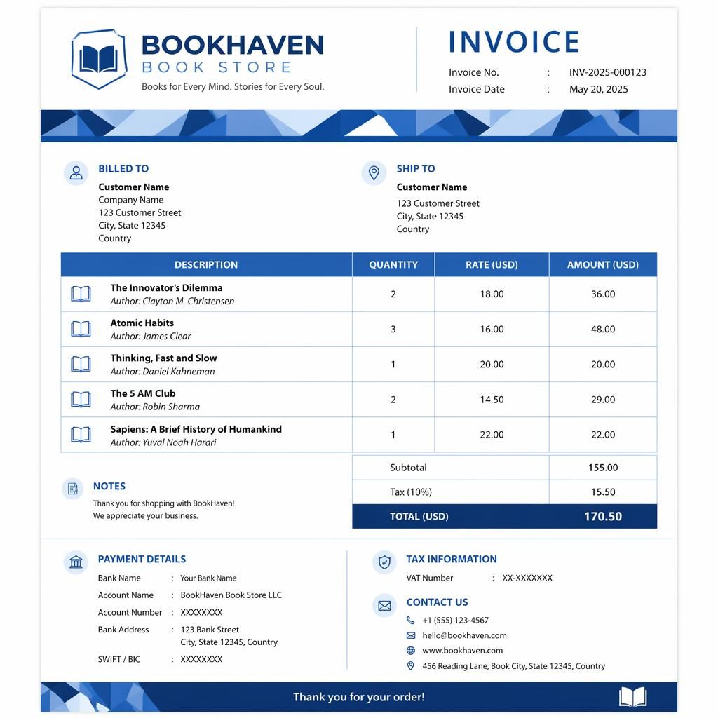 Modern A4 portrait invoice template for a book store bill template with blue header, item table, totals, and bank placeholders.