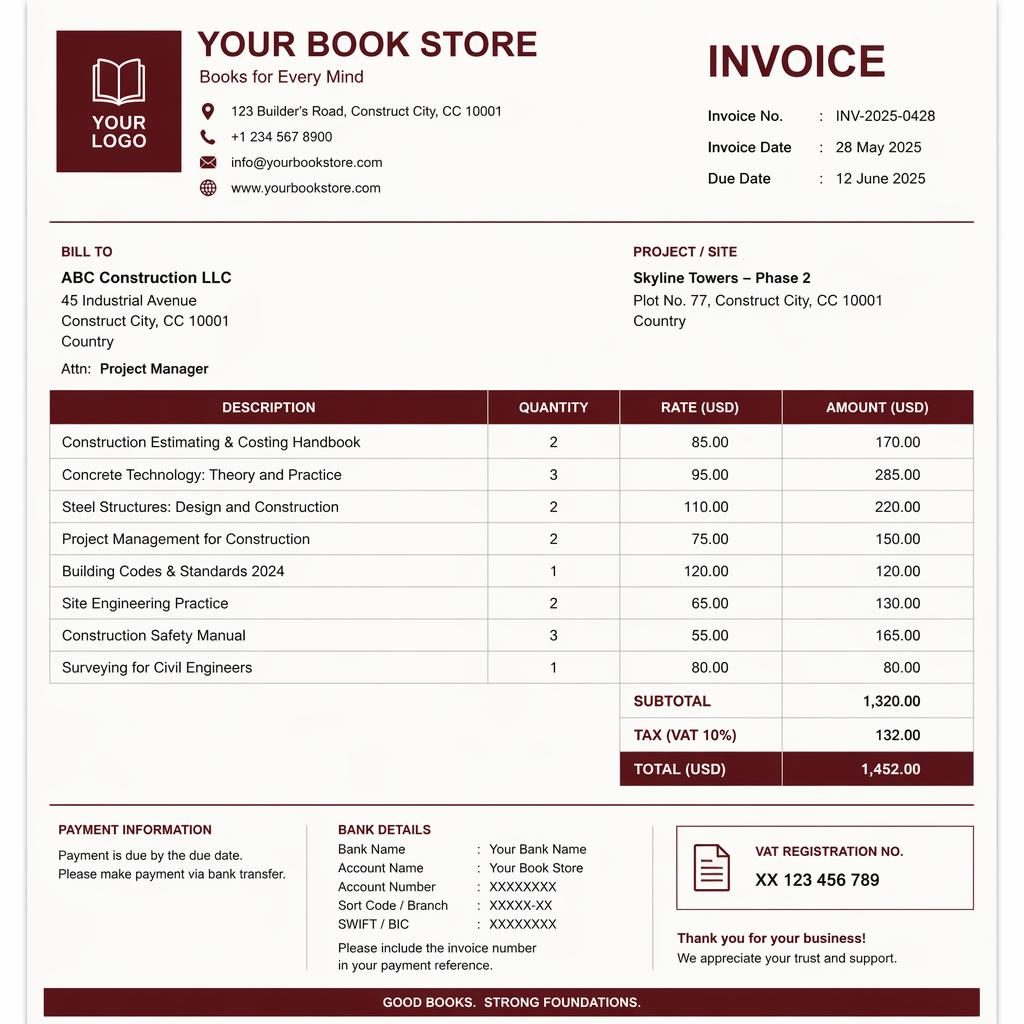 A4 portrait invoice template with burgundy header, logo placeholder, itemized table, totals, and bank details placeholders.