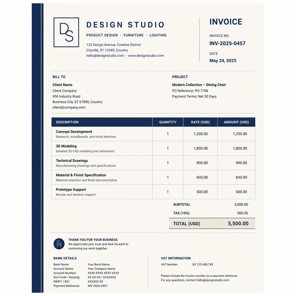 A4 portrait invoice template with navy and cream palette, side stripe, header, itemized table, totals, and bank placeholders.