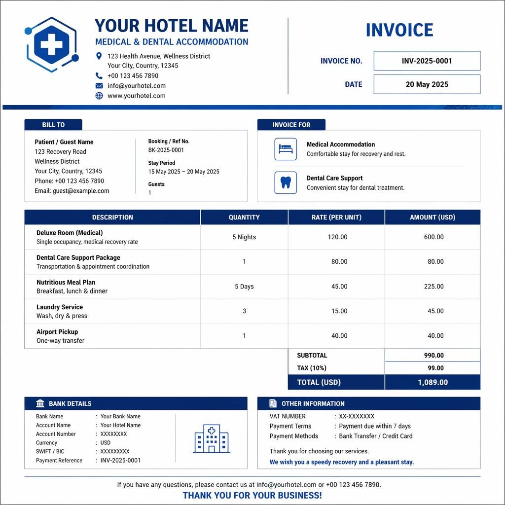 A4 portrait invoice template with tech blue industrial styling, header, itemized table, totals, and placeholder bank details.