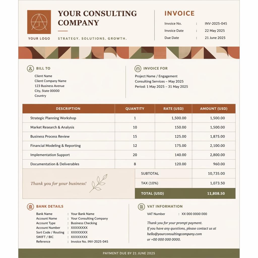 A4 portrait invoice template in a warm earth palette with geometric band accent, itemized table, totals, and placeholder banking details.