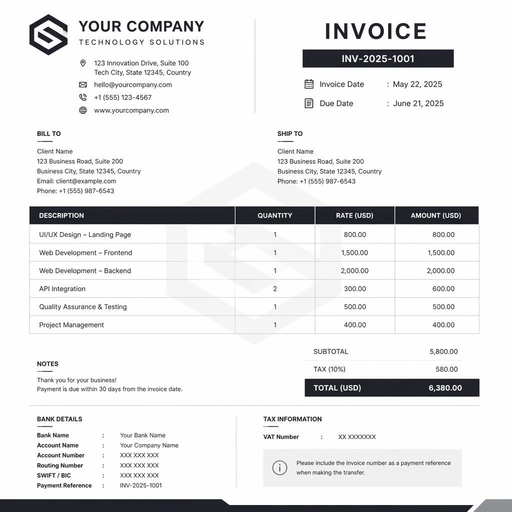 A4 portrait invoice template with logo placeholder, itemized table, totals, bank detail placeholders, monochrome grid layout.