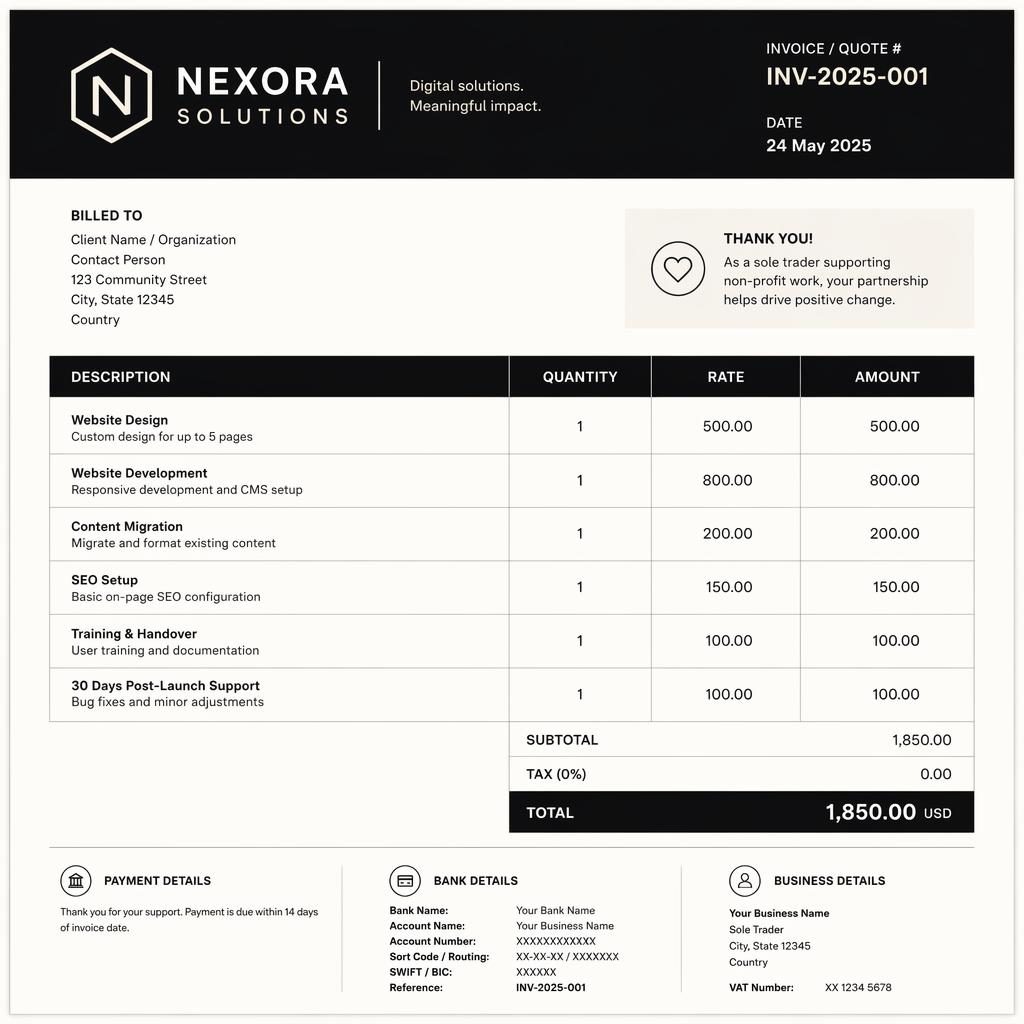 A4 portrait invoice layout in black and warm white with header bar, item table, totals, and placeholder bank details.