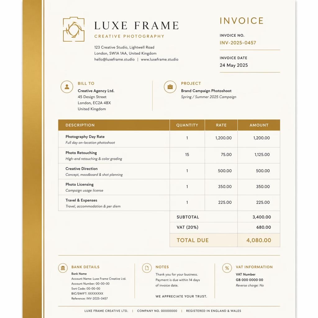 A4 portrait photographer invoice template with gold and cream palette, side stripe, itemized table, totals, and bank details.