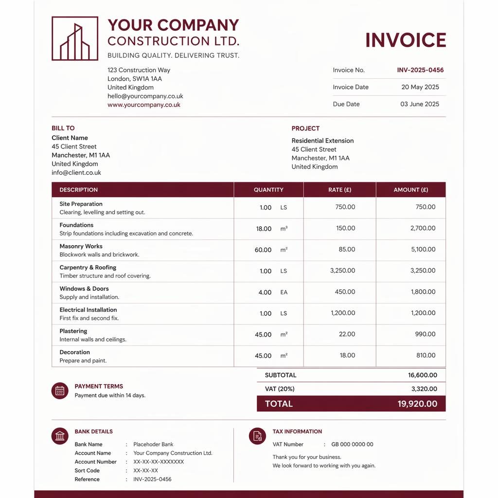 A4 portrait invoice template in warm burgundy with header, itemized table, totals, and placeholder bank details.