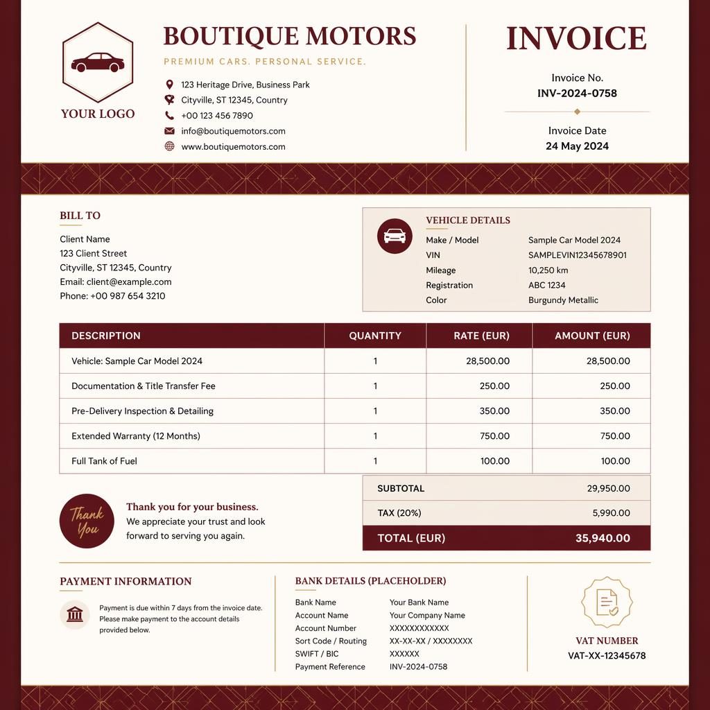 A4 portrait invoice template in warm burgundy with logo header, item table, totals, and placeholder bank details.