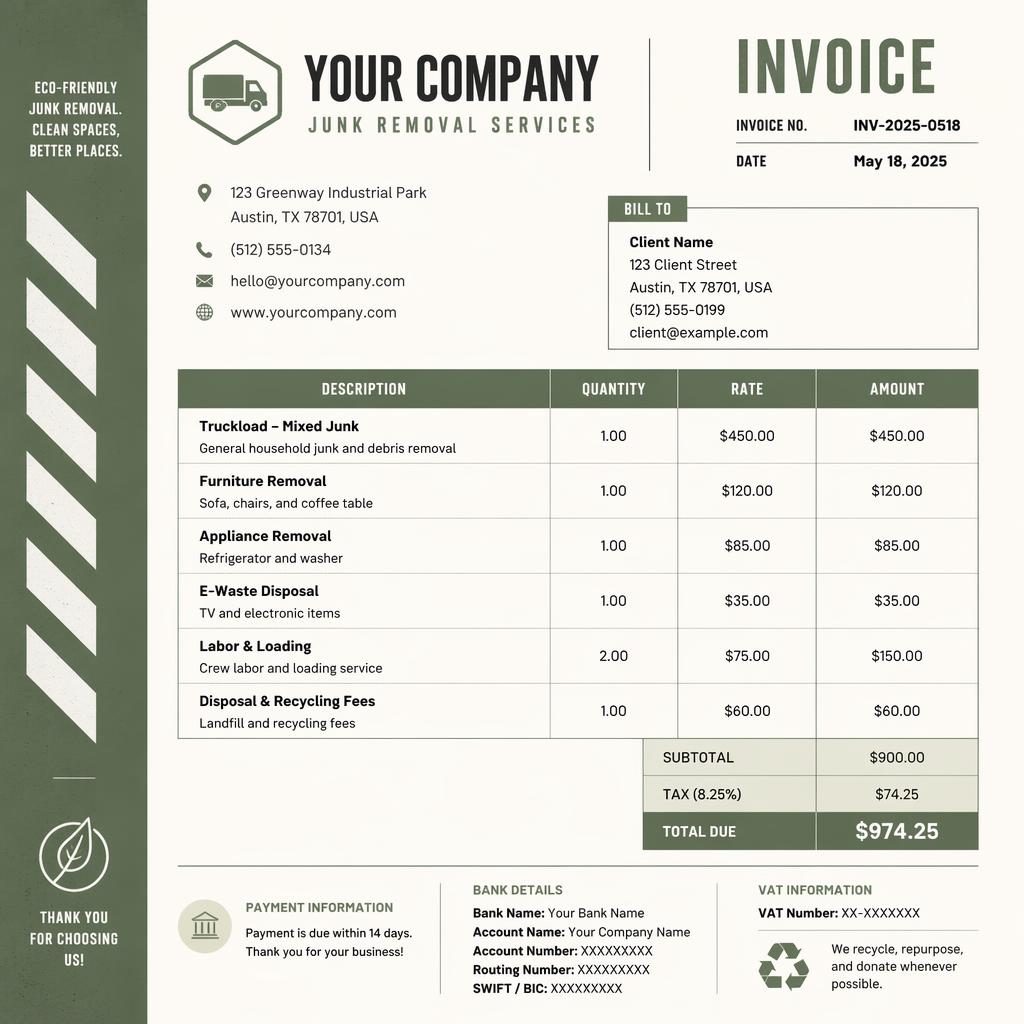A4 portrait junk removal invoice template with industrial sage and ivory design, accent stripe, itemized table, totals, and placeholders.