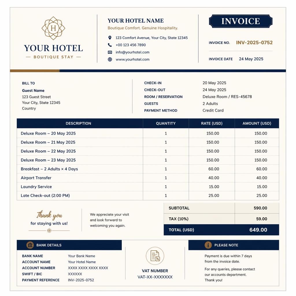 A4 portrait hotel receipt sample invoice template with navy and cream palette, item table, totals, logo placeholder, and bank details.
