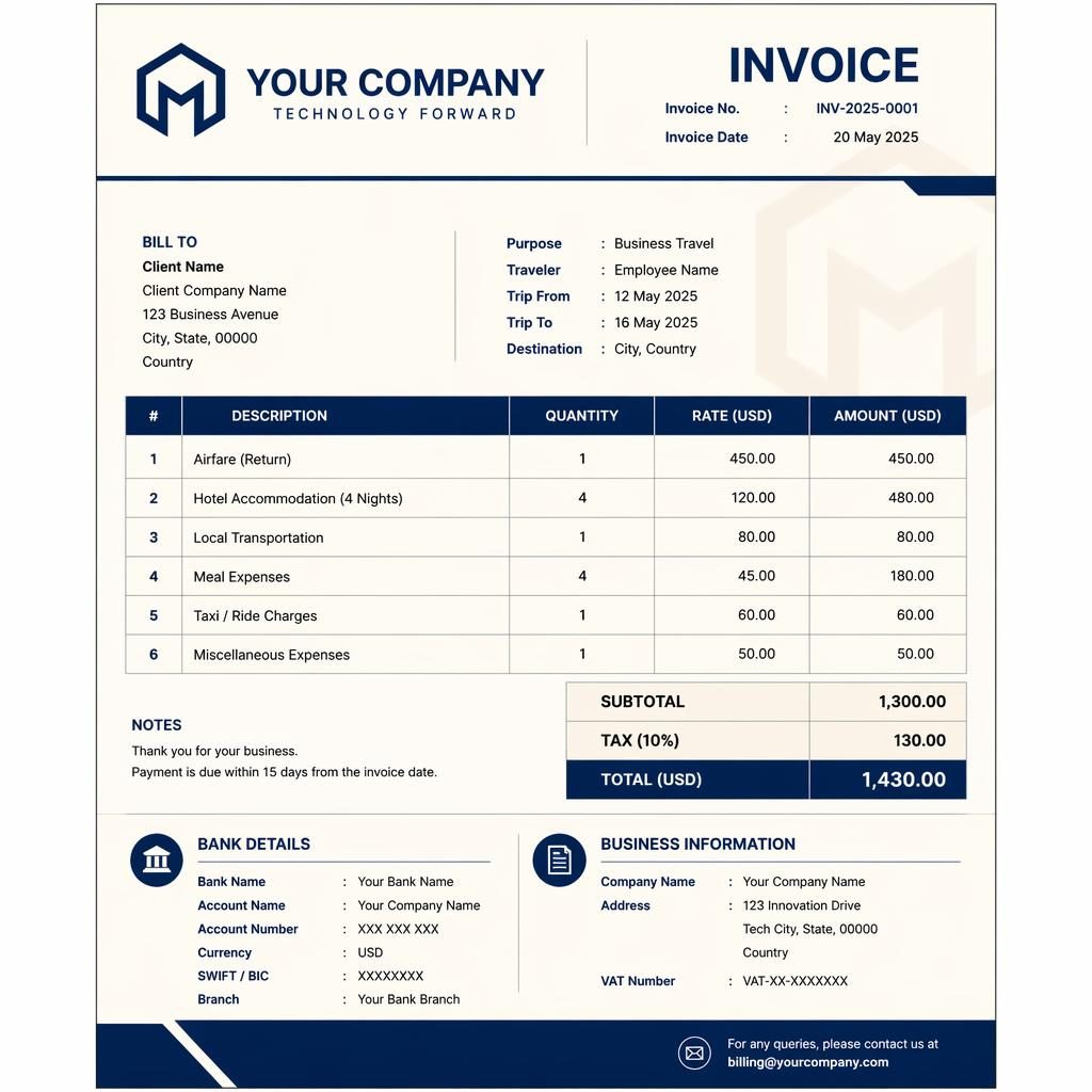 A4 portrait travel invoice template in navy and cream with header, itemized table, totals, bank placeholders, and VAT.