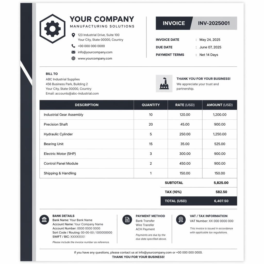 A4 portrait industrial monochrome invoice template with header, itemized table, totals, and placeholder bank details.