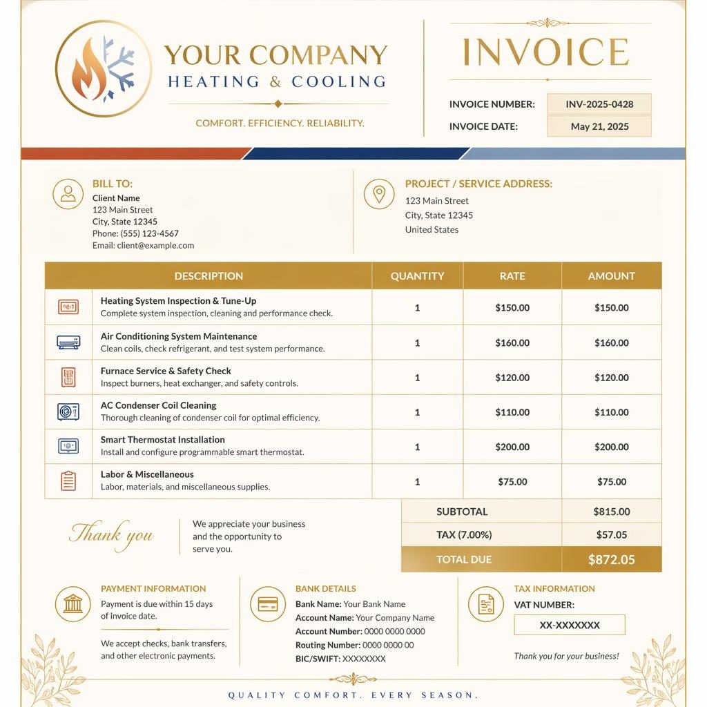 A4 portrait heating and cooling invoice template with gold and cream palette, header, itemized table, totals, and bank placeholders.