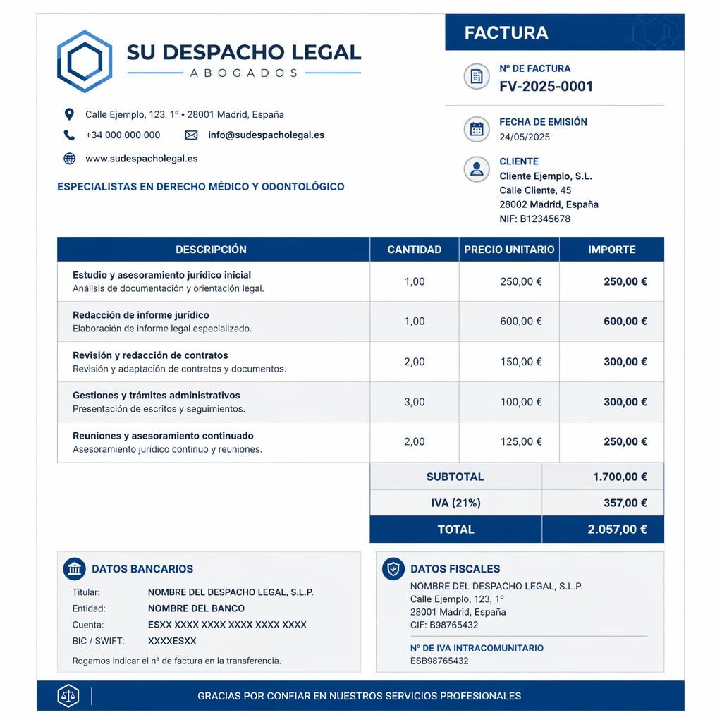 Plantilla de factura abogado en A4 vertical, azul tecnológico, con cabecera, tabla de conceptos y totales al pie.