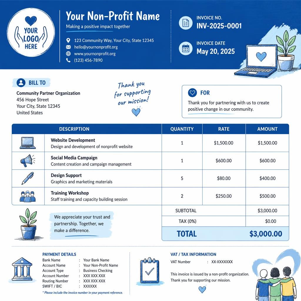 A4 portrait invoice template with blue header, itemized table, totals section, and placeholder bank and VAT details.