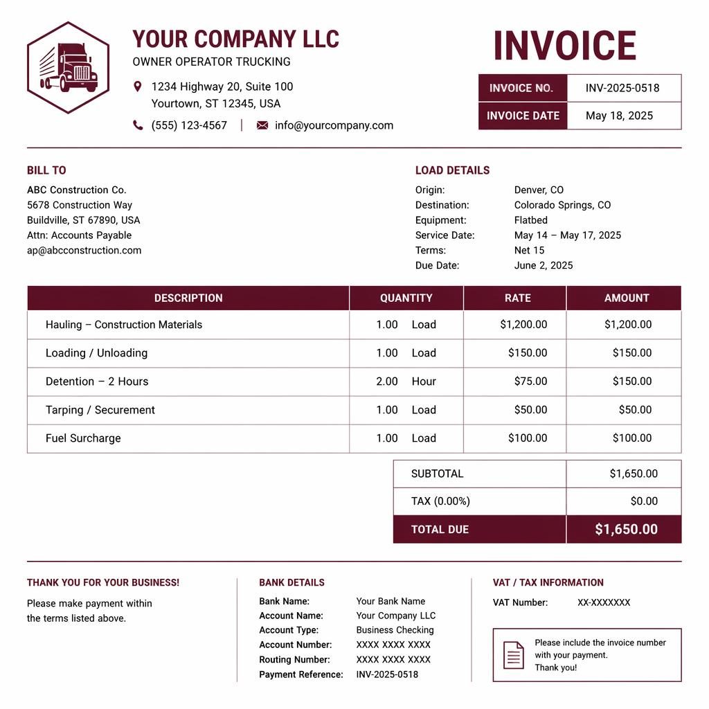 A4 portrait trucking invoice template with burgundy header, logo placeholder, itemized table, totals, and bank details blocks.