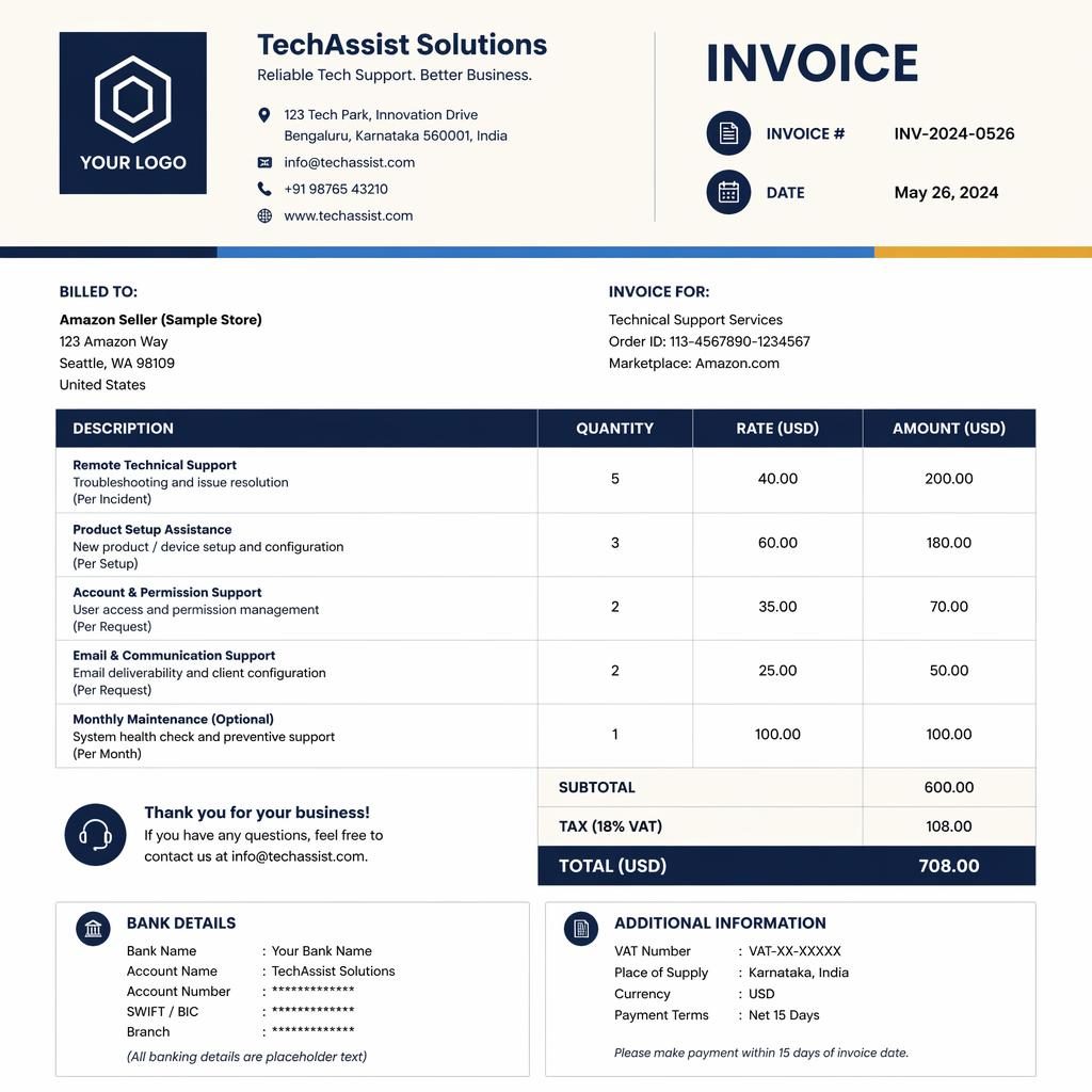 Modern A4 invoice template in navy and cream with header, itemized table, totals, and placeholder bank details.