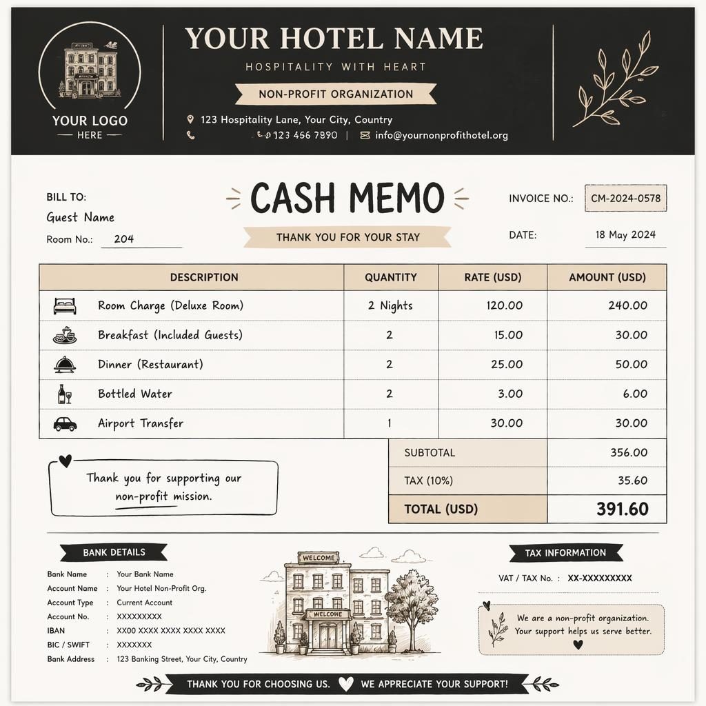 A4 portrait invoice template with warm illustrated header, item table, totals, and placeholder bank details in black and warm white.