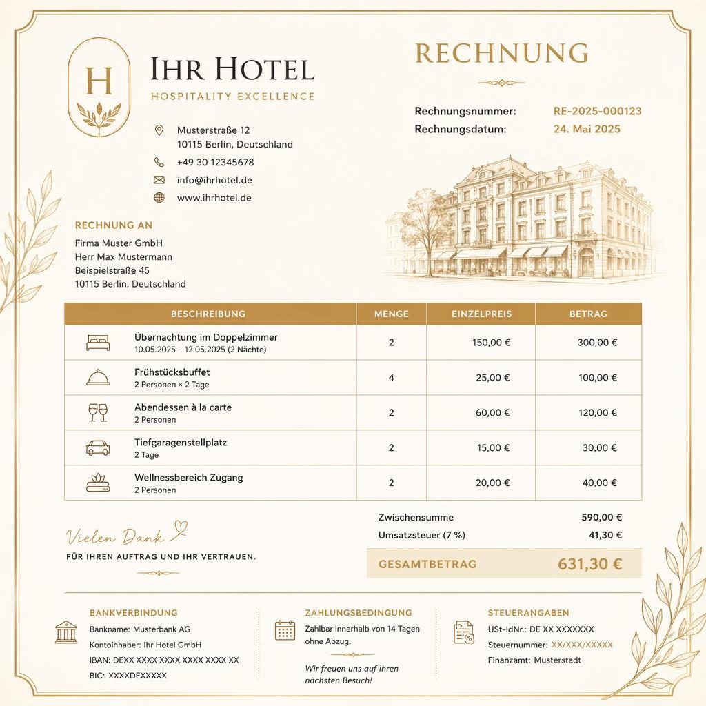 A4-Rechnungsvorlage im Hochformat in Creme und Gold mit illustrativem Header, Positionstabelle und Summenbereich.