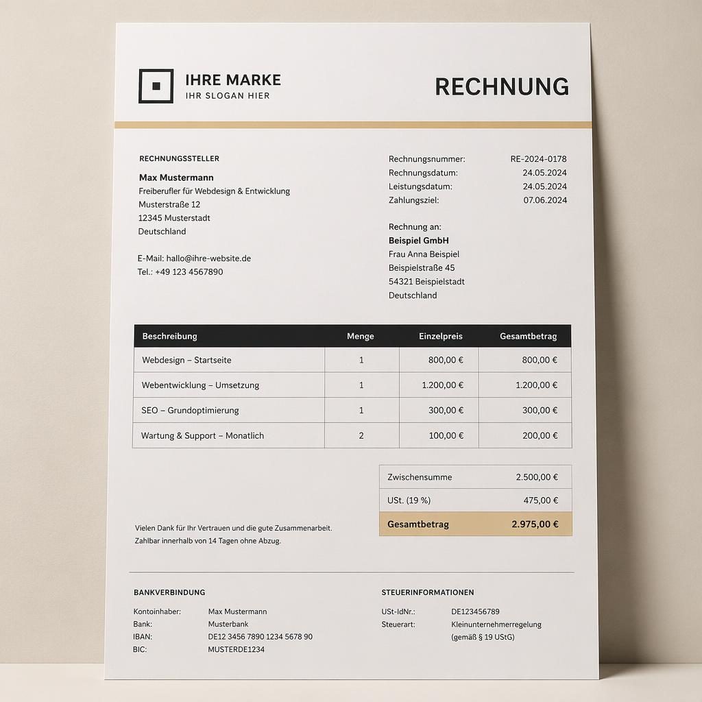 Fotorealistische deutsche Rechnungsvorlage im A4-Hochformat mit Tabelle, Logo-Platzhalter, Summen und Bankdaten