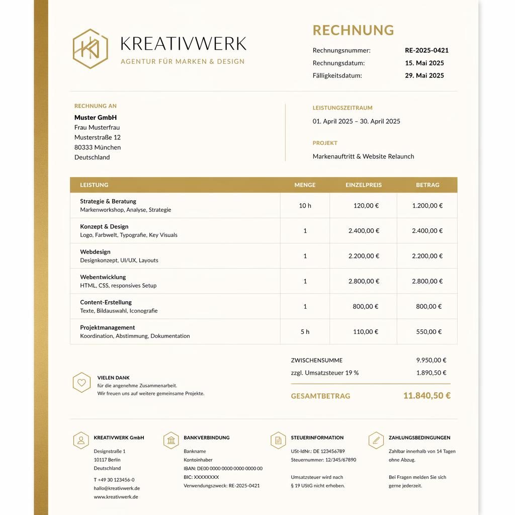 Elegante A4-Rechnungsvorlage in Creme und Gold mit Kopfbereich, Tabelle, Summenblock und seitlichem Akzentstreifen.
