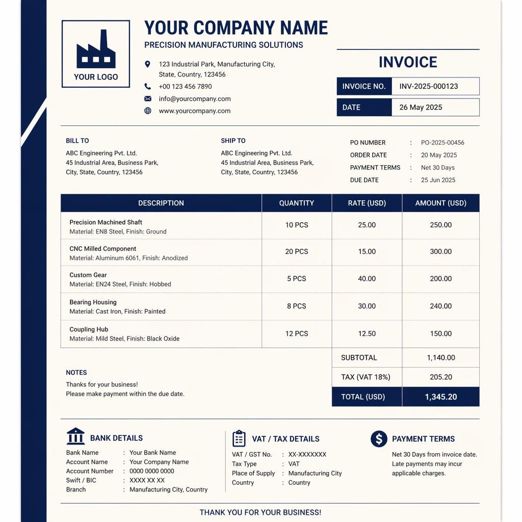 A4 portrait manufacturing invoice template in navy and cream with header, item table, totals, and bank detail placeholders.