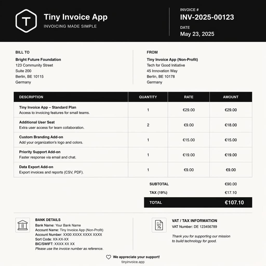 A4 portrait invoice template with black and warm white palette, full header bar, item table, totals, and bank placeholders.