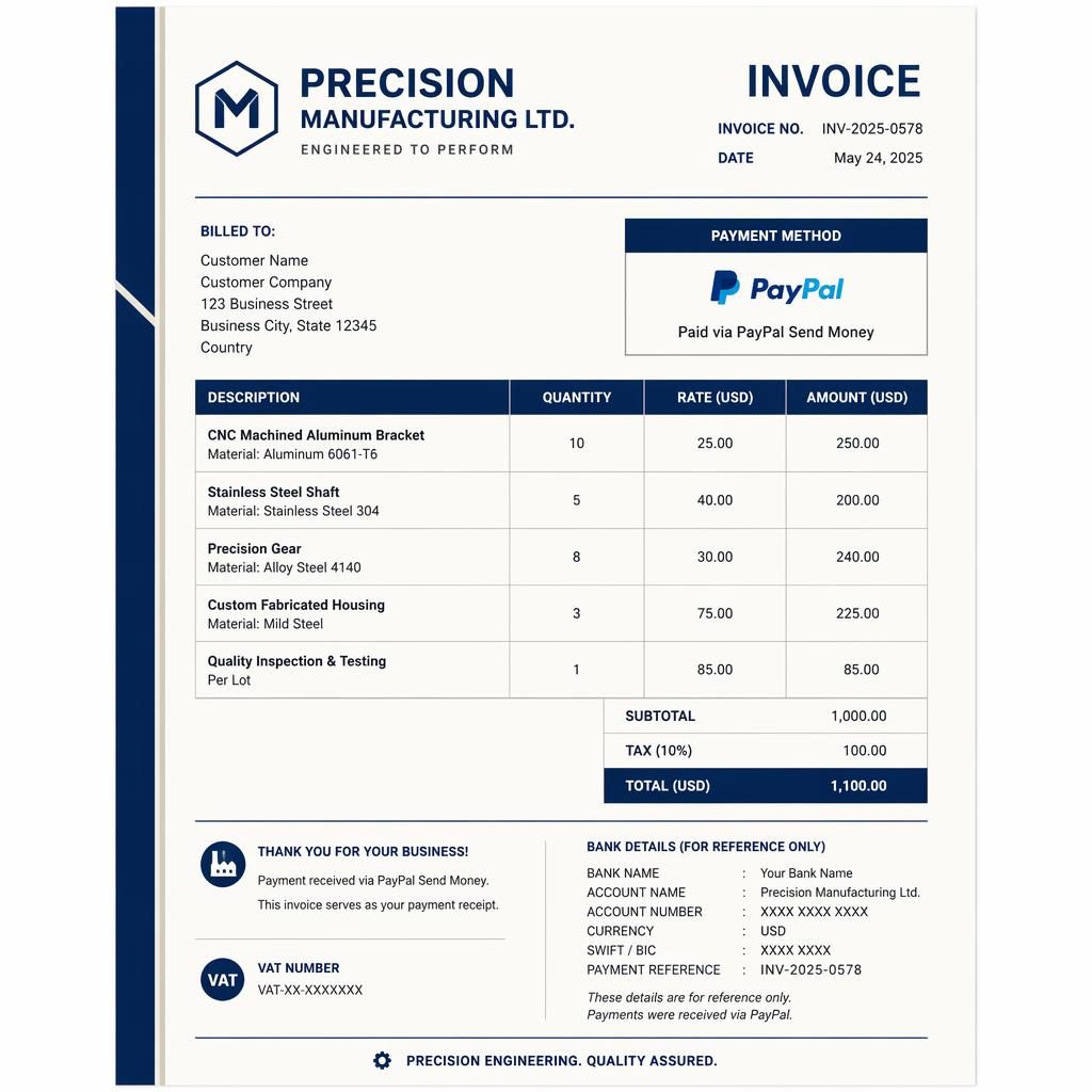 A4 portrait invoice template in navy and cream with Swiss-style grid, side accent stripe, item table, totals, and bank placeholders.