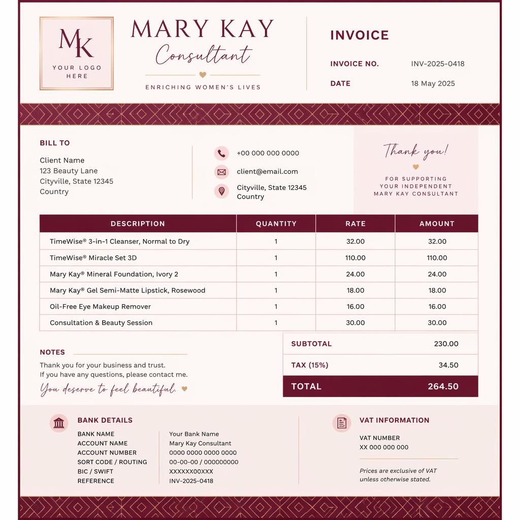 A4 portrait invoice template in warm burgundy with geometric band, header, itemized table, totals, and bank placeholders