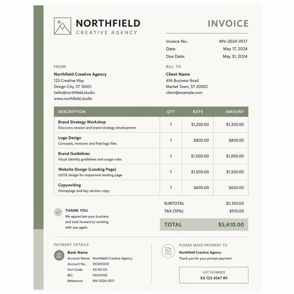 A4 portrait invoice template with sage and ivory palette, side stripe, header, itemized table, totals, and bank placeholders.