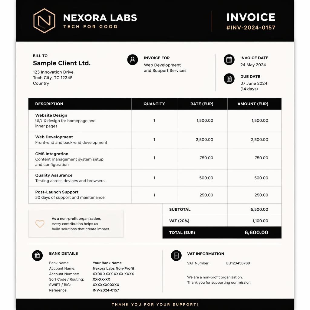 A4 portrait invoice template in black and warm white with header bar, item table, totals, VAT and bank placeholders.
