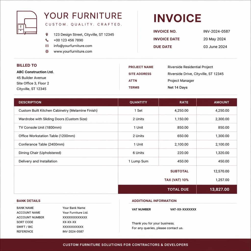 A4 portrait furniture shop invoice template with burgundy header, itemized table, totals section, and placeholder bank details.