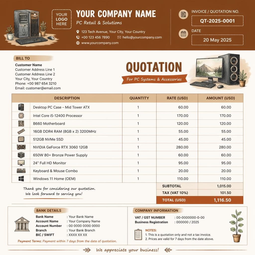 A4 portrait retail invoice template with warm illustrated header, item table, totals, and placeholder bank details.
