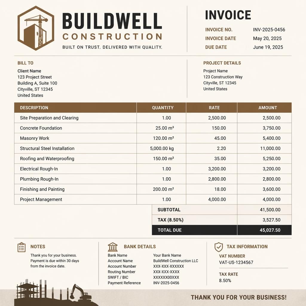 A4 portrait contractor invoice mockup with industrial warm earth design, header, item table, totals, and bank detail placeholders.