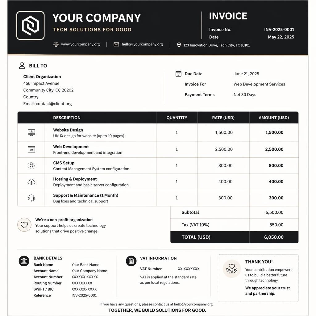 A4 portrait invoice template in black and warm white with a full header bar, itemized table, totals, and bank detail placeholders.