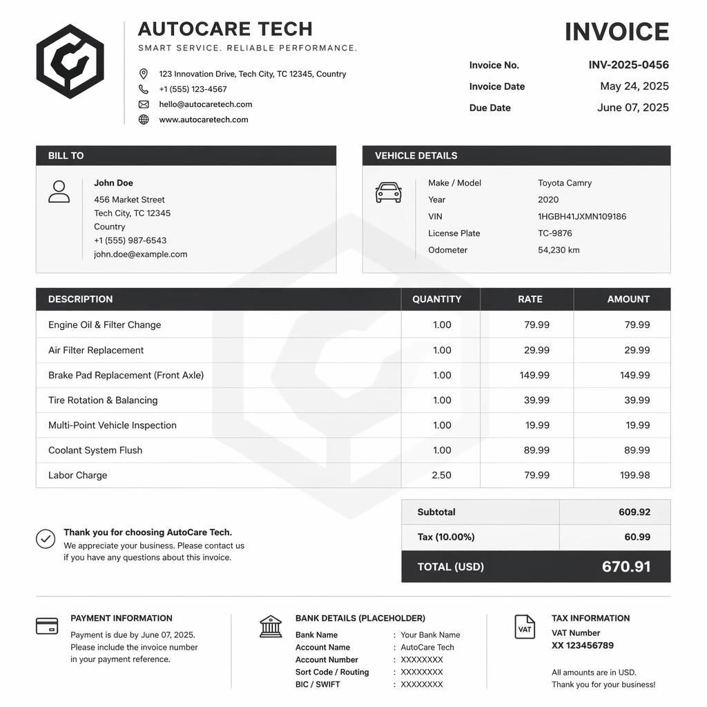 A4 portrait vehicle service invoice template with header, itemized table, totals, and placeholder bank and VAT details.