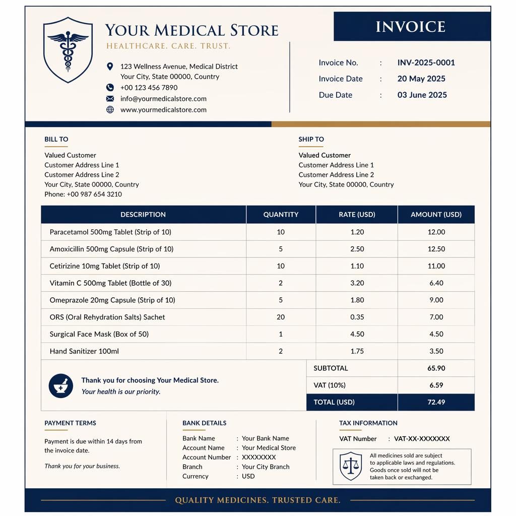 A4 portrait invoice template in navy and cream with header, itemized table, totals, and placeholder bank details.