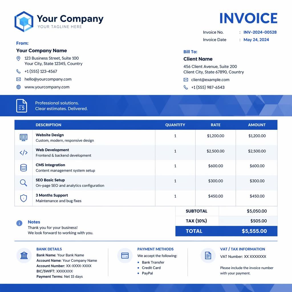 Minimal A4 invoice template in tech blue with header, itemized table, totals, and placeholder bank and VAT details.