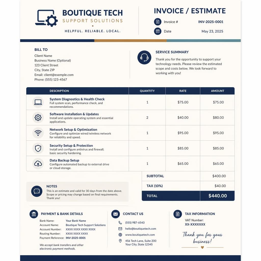 A4 portrait invoice template in navy and cream with header, itemized table, totals, and placeholder bank details.