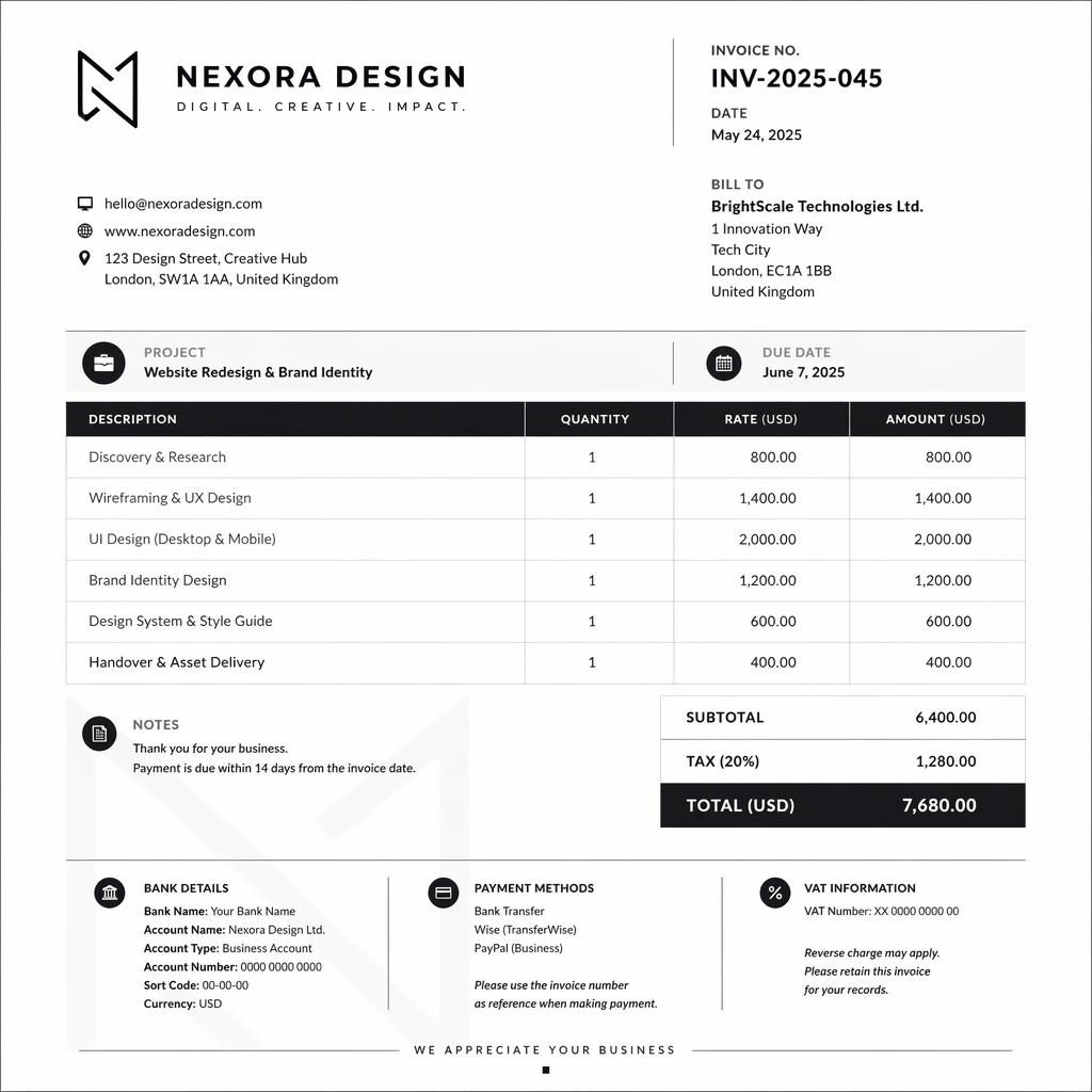 A4 portrait freelance designer invoice template with header, itemized table, totals, and placeholder bank details.