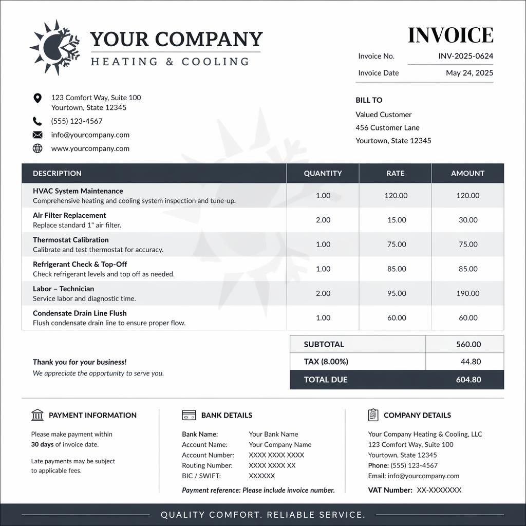 A4 portrait heating and cooling invoice template with header, itemized table, totals section, and placeholder bank details.