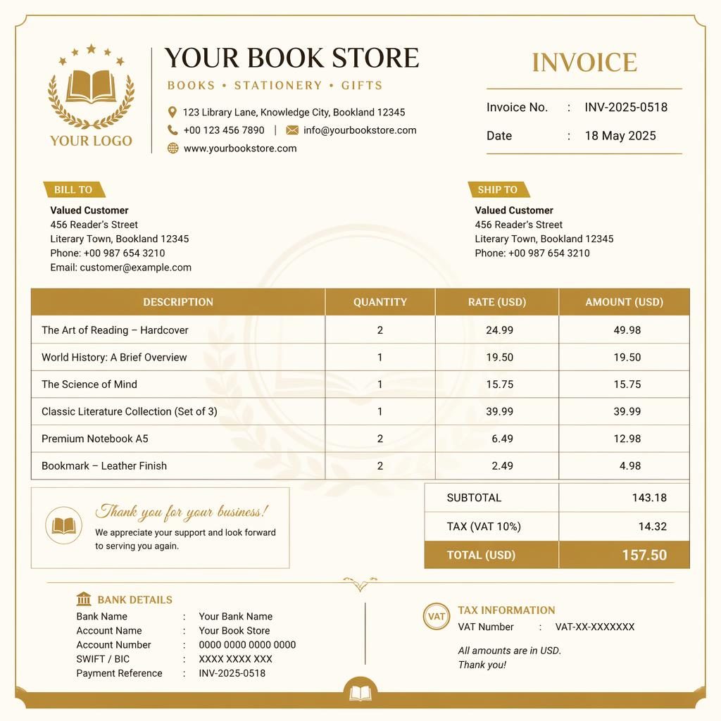 A4 portrait invoice template for a book store with gold and cream styling, item table, totals, logo area, and bank placeholders.