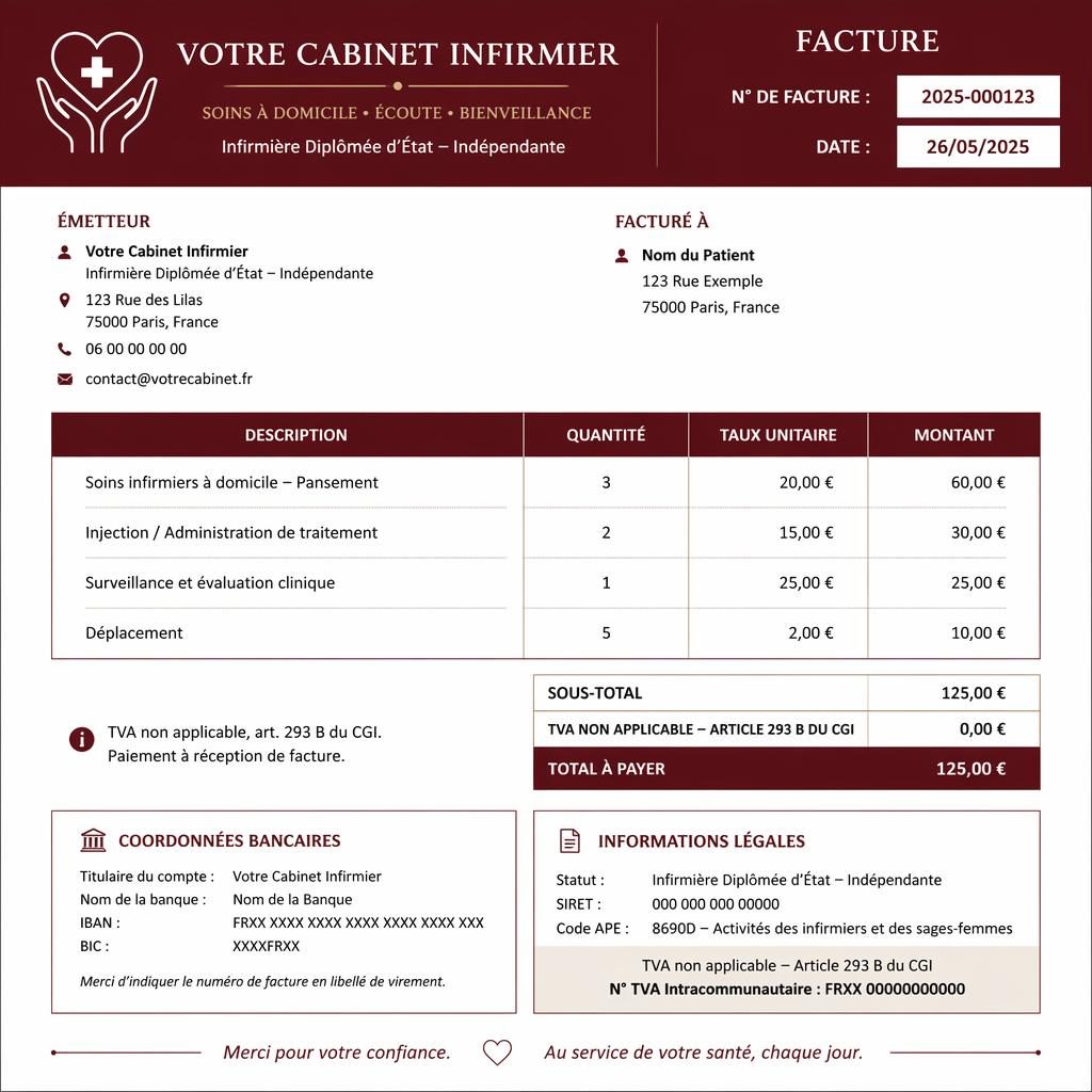 Modèle de facture A4 portrait bordeaux avec en-tête complet, tableau de facturation et totaux en bas.